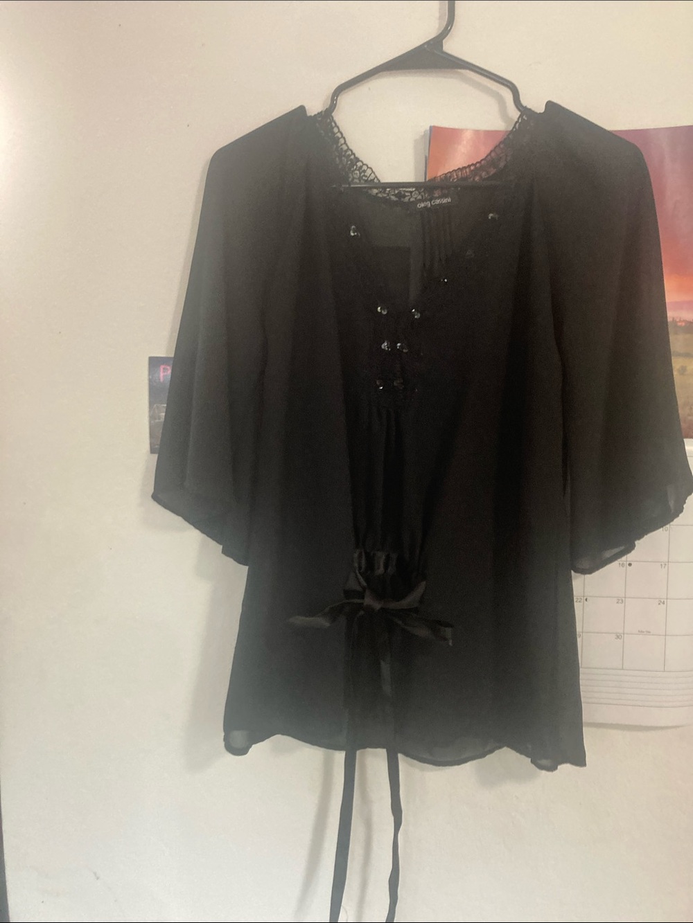 Oleg Cassini Black Lace-Trim Peasant Blouse with Tie